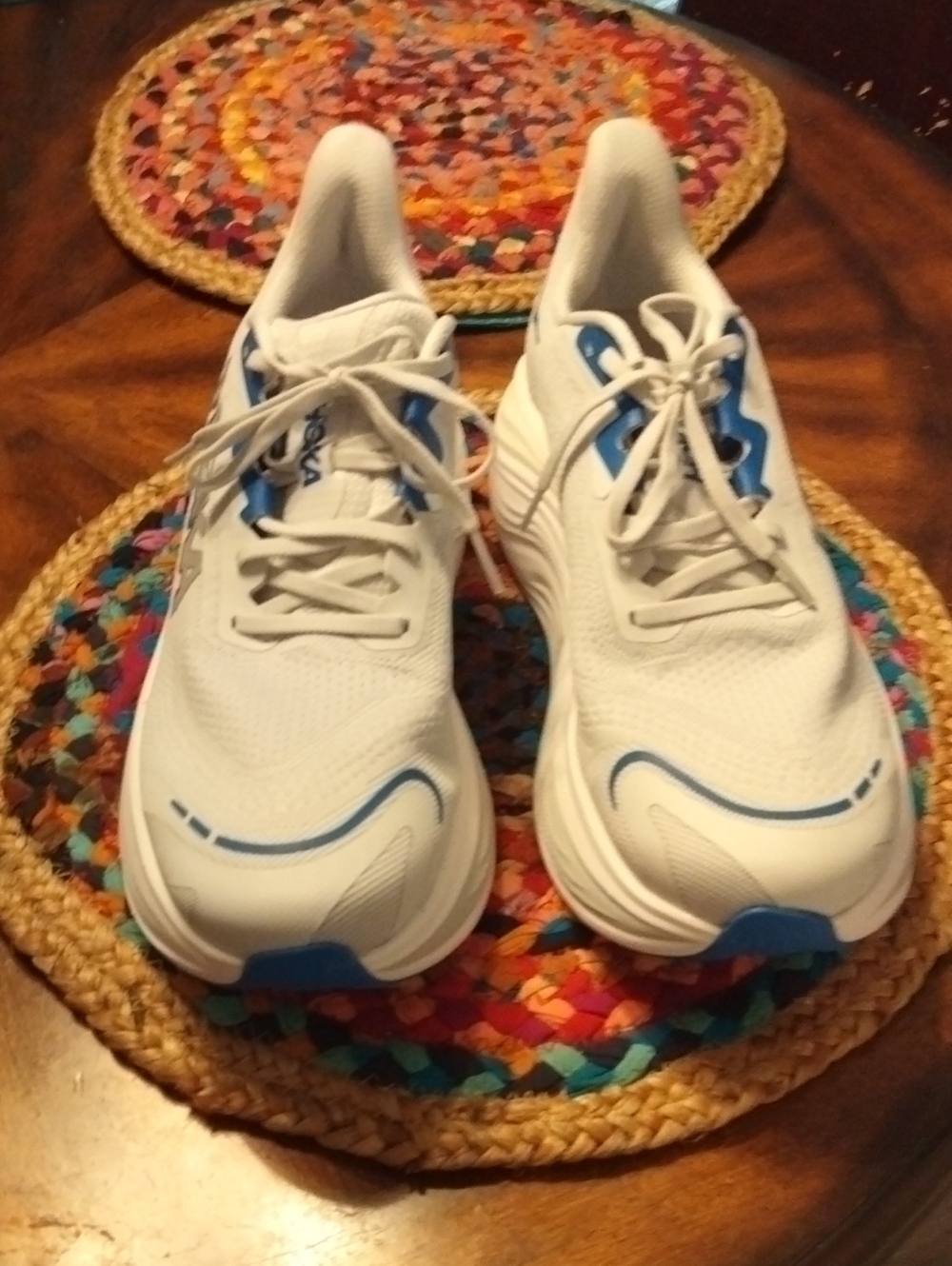 New Men's Hoka One One White Sneakers with Blue Logo Accents Size 11.5
